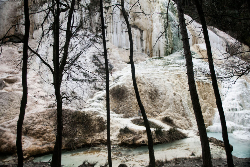 Bagni San Filippo thermal springs with white limestone terraces, Val d’Orcia Tuscany