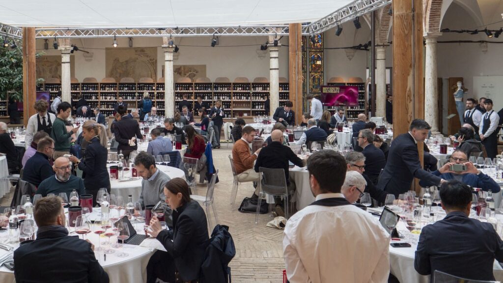 Wine tasting pavilion during Brunello di Montalcino festival in Tuscany near Villa Montelandi